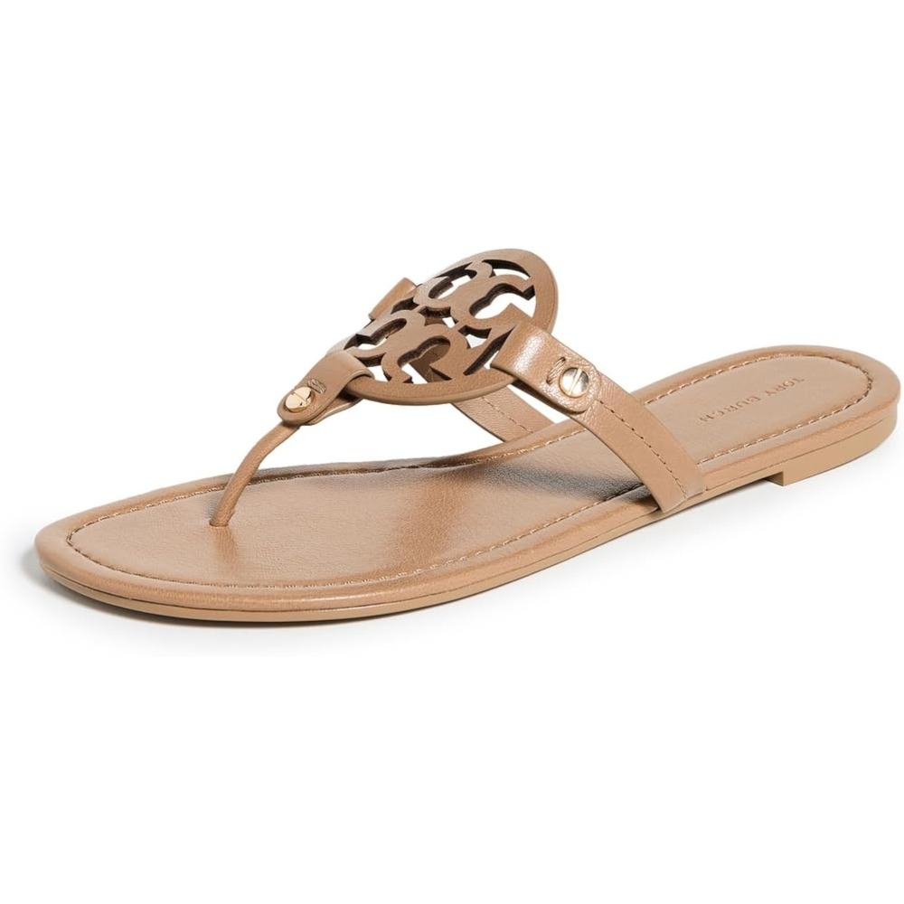 Tory Burch Miller Sandal Women 9.5 Tan Leather Thong Flat Logo Luxury Old Money